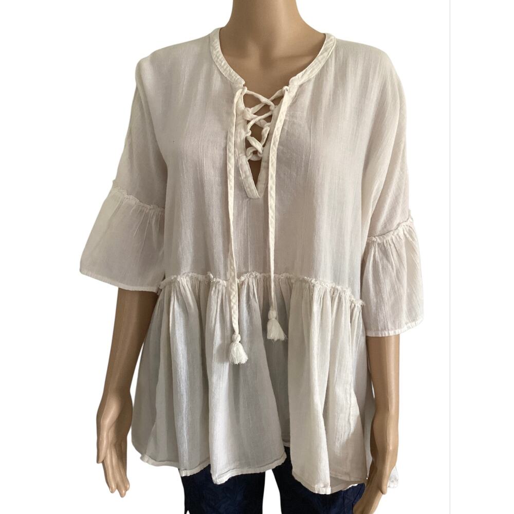 Aerie Boho Lace Up Babydoll Blouse Cream‎ White Gauze Bell Sleeve Tassel Top S